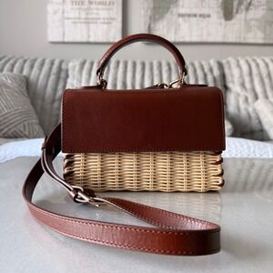 J.Crew Leather and Wicker Mini Satchel Crossbody Bag Brown Tan Whipstitch